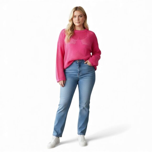 Davi & Dani Star Front Hot Pink Crochet Drop Shoulder Knit Top, NEW! Size 1XL - Picture 3 of 7